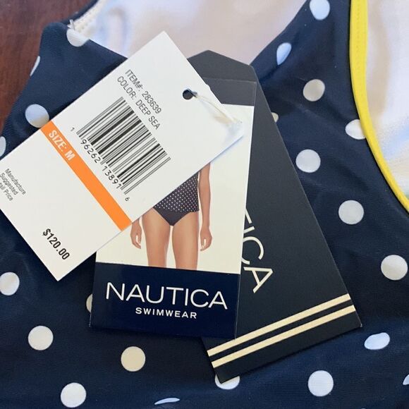 Nautica navy white polka dot bathing suit top with yellow trim Size M NWT - Picture 6 of 6